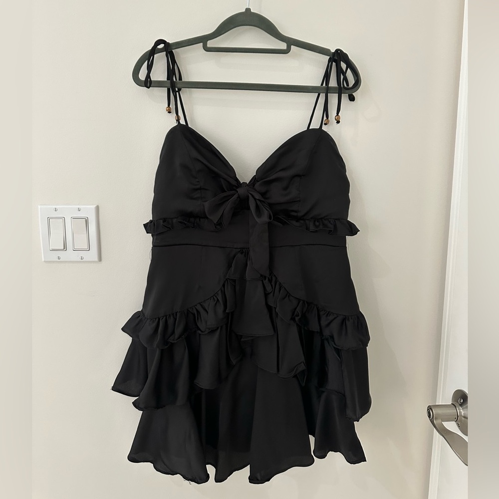 Mable Boutique: Black Satin Ruffle Mini Dress : Medium